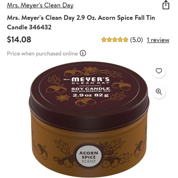 Mrs. Meyer's Clean Day 2.9 Oz. Acorn Spice Fall Tin Candle - Picture 6 of 6